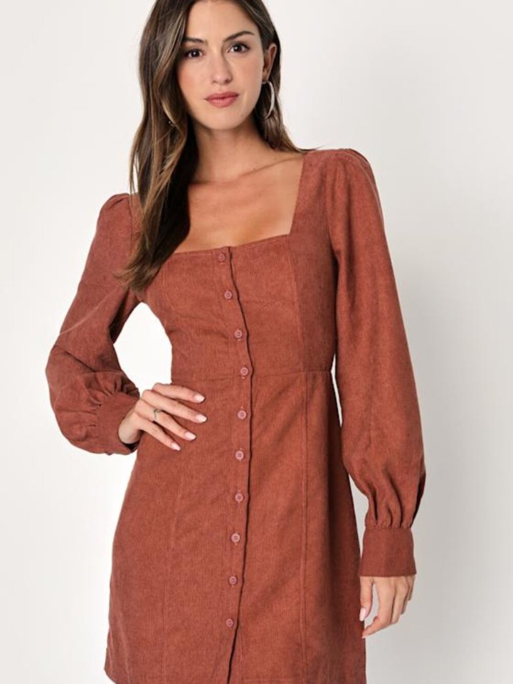 Lulus Posh Promise Brown Corduroy Long Sleeve Button-up Mini Dress - Size M